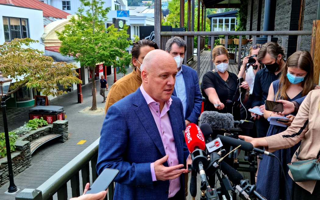 National Party leader Christopher Luxon talks to media, after giving a speech to business leaders in Queenstown.