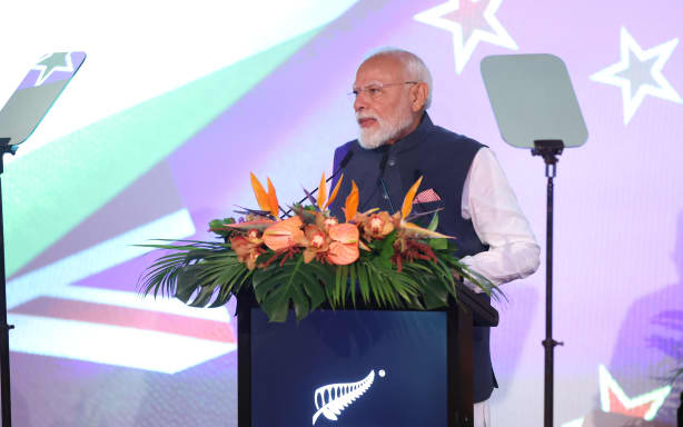 Prime Minister of India Narendra Modi speaks during the New Zealand India Business Event on July 11, 2026 at the Viaduct Events Centre in Auckland, New Zealand. Modi is on a diplomatic trip that takes in Indonesia, Australia and New Zealand