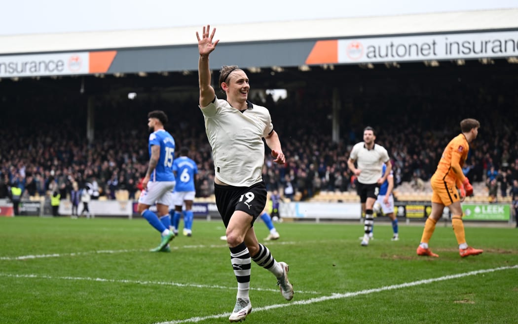 BURSLEM, ENGLAND - MARCH 08: Ben Waine of Port Vale celebrates scoring his team's first goal during the Emirates FA Cup Fifth Round match between Port Vale and Sunderland on March 08, 2026 in Burslem, England. (Photo by Gareth Copley/Getty Images)