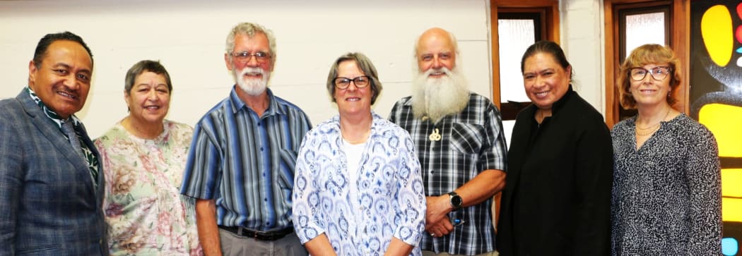 (L-R) Rev Falkland Liuvaie, Rev Cecilia Rooderkerk, Alistair Hall, Anne Hall, Joe Green, Rev Kalo Kaisa, Minister Sue Brown