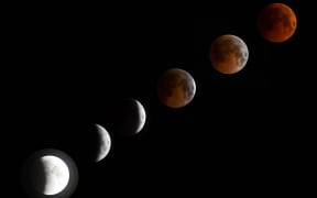 A combo of six pictures shows a 'blood moon' total lunar eclipse in Bishkek.