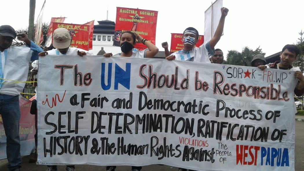 Demonstrators march in Timika in West Papua.