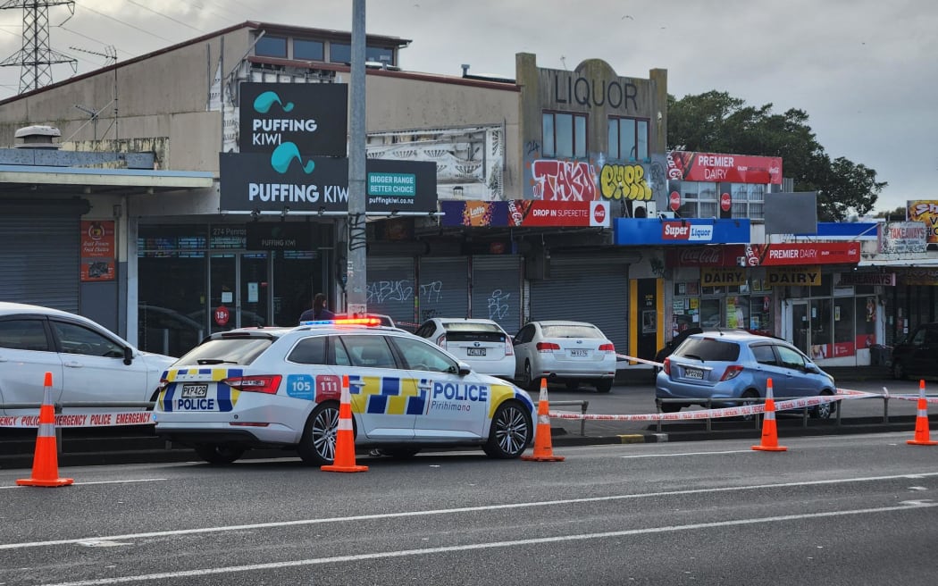 The cordon on Penrose Road in Mt Wellington where someone was found dead on Saturday night, 13 July.