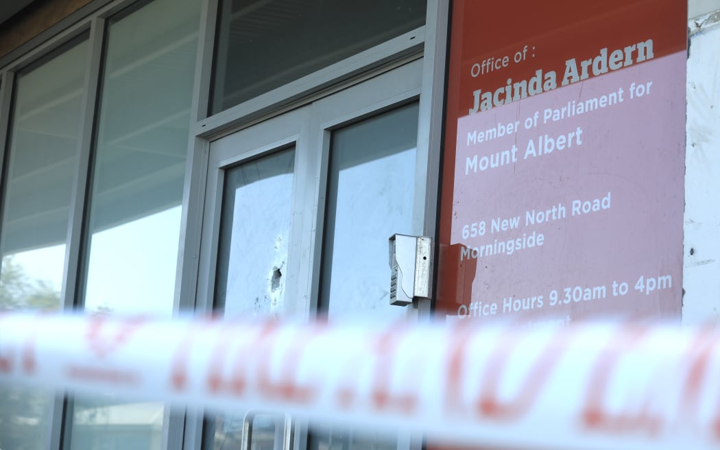 The damaged door of Prime Minister Jacinda Ardern's electorate office in the Auckland suburb of Morningside.