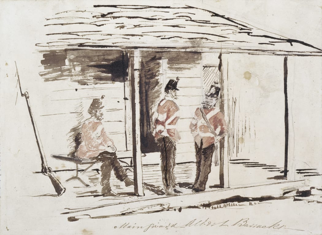Watercolour sketch by Thomas Matravers of 3 guards at Albert Barracks (c.1863-1868). Sir George Grey Special Collections, Auckland Libraries, 3-137-26a
