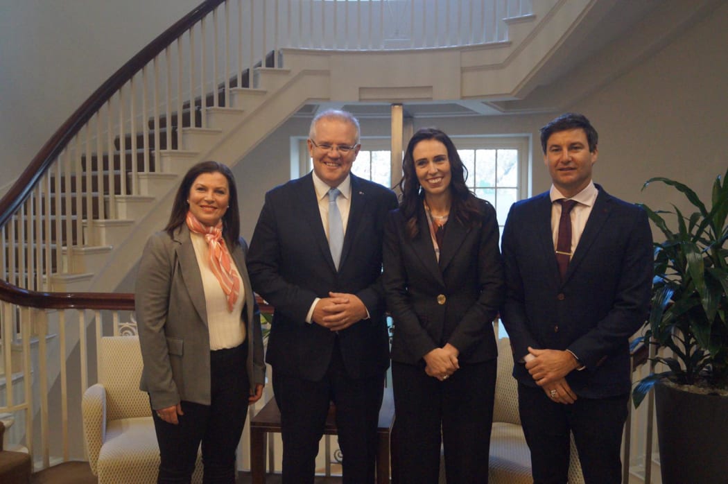 Jenny Morrison, Australian Prime Minister Scott Morrison with Clarke Gayford and New Zealand Prime Minister Jacinda Ardern.