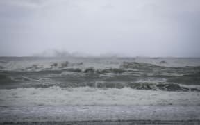 West Coast storm. The Tasman Sea looking wild as the storm sets in. Authorities are keeping an eye on the midday king tide.
