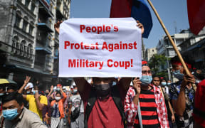 Protesters in Yangon in one of the largest rallies yet against the coup in Myanmar.