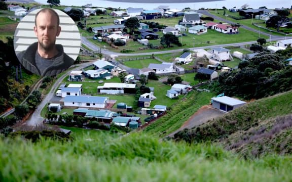 A photo of Tom Phillips over a picture of Marokopa.