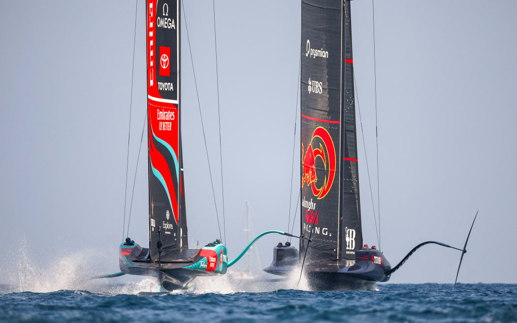 The Louis Vuitton 37th America's Cup Preliminary Regatta in Barcelona, Spain. Team New Zealand and Alinghi. 2024.