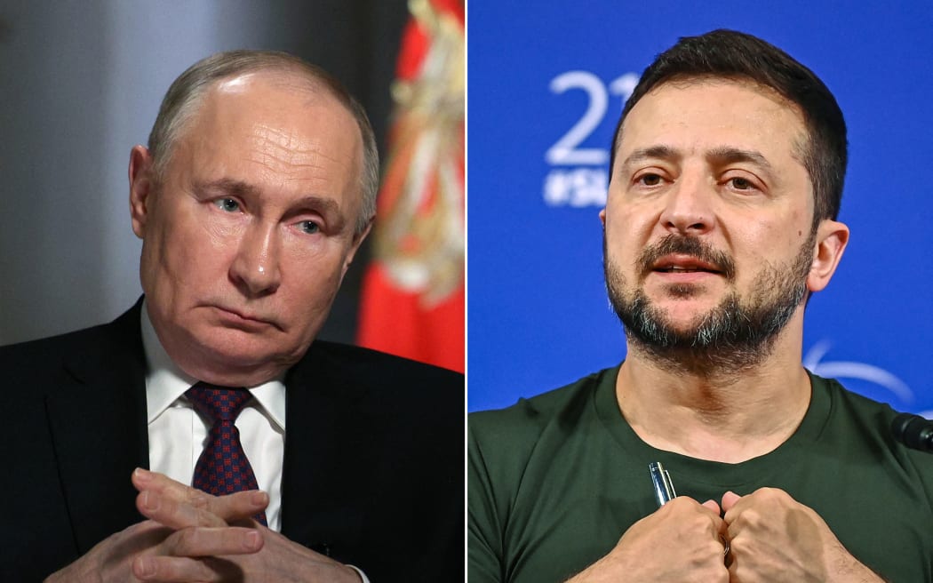 This combination of pictures shows a pool photograph distributed by Russia's state agency Sputnik bearing Russian President Vladimir Putin at the Kremlin in Moscow on March 12, 2024 and a picture of Ukraine's President Volodymyr Zelensky during the 21st Shangri-La Dialogue summit at the Shangri-La Hotel in Singapore on June 2, 2024.