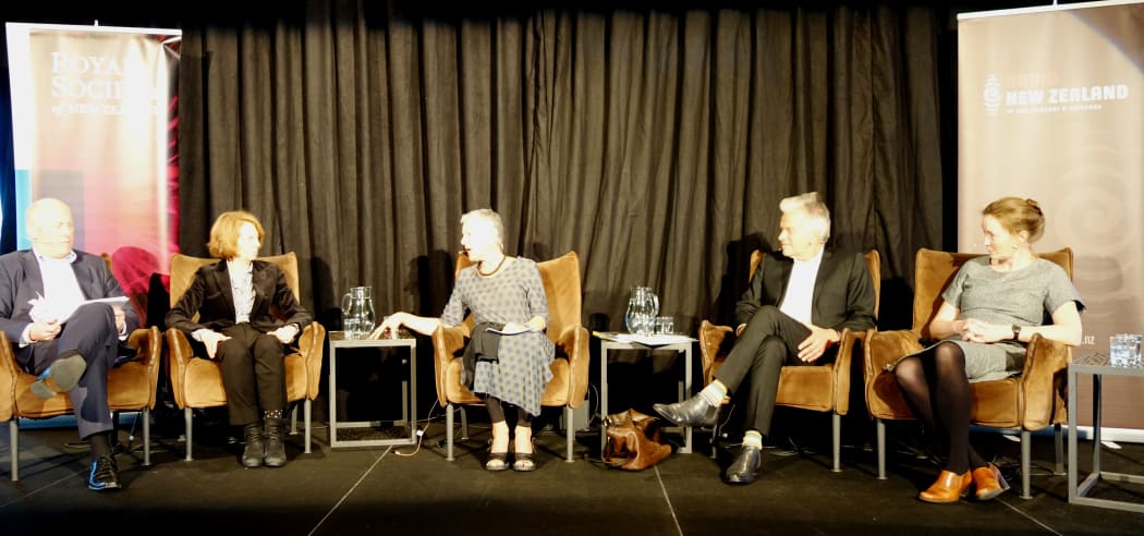 Fraser Whinerary, Catherine Larrère, Kim Hill, Pierre Ducret and Suzi Kerr at the Auckland Museum