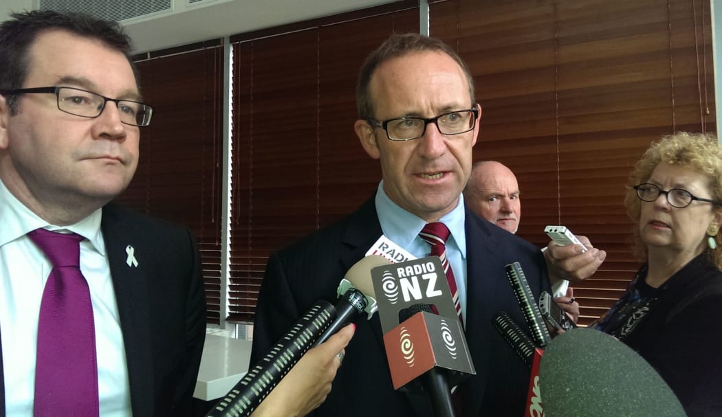 Andrew Little and Grant Robertson after the Labour leader's speech this morning.