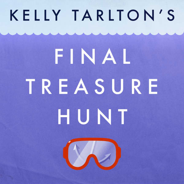 Podcast cover with a purple background. At the top, it reads 'Kelly Tarlton’s Final Treasure Hunt' in bold white capital letters. At the bottom is an illustrated red diving mask with directional arrows on the lenses.