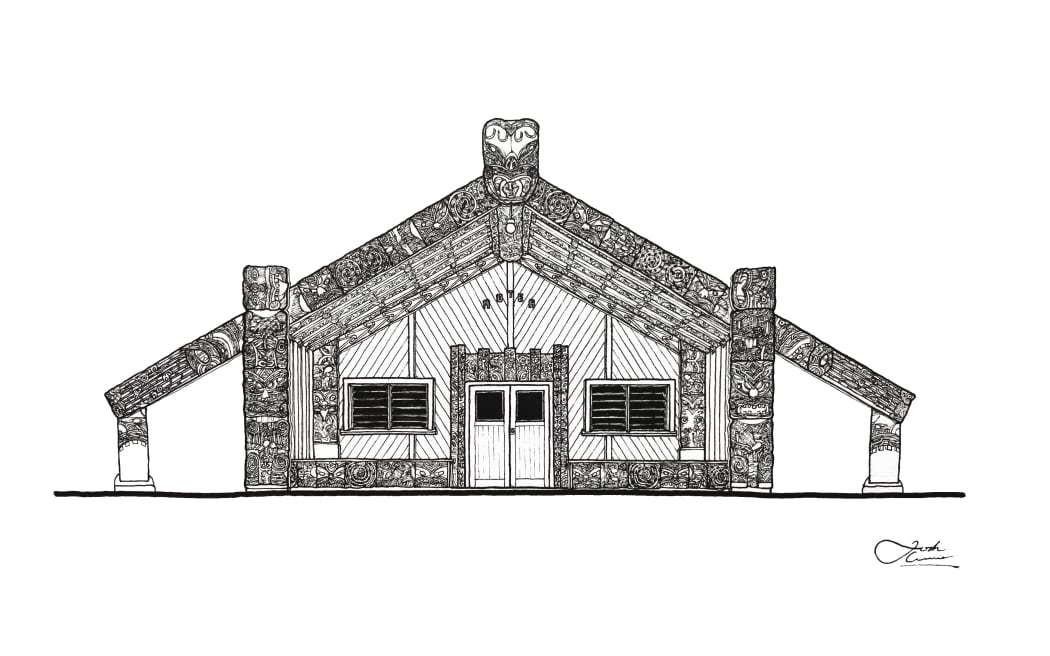 A pigment ink drawing of the wharenui at Makirikiri Marae in Dannevirke.