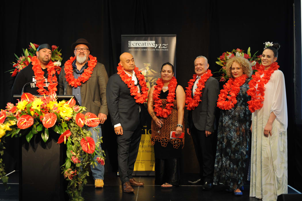 The 2016 recipients of Creative New Zealand Arts Pasifika awards. From left to right: Anonymouz, David Fane, Oscar Kightly, Kolokesa Uafā Māhina-Tuai, Tuaine Robati, Karlo Mila, and Madison Nonoa.