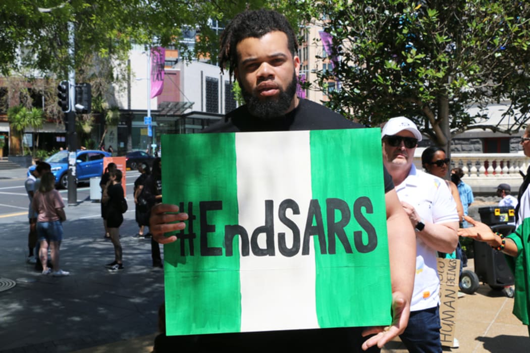 Musician Mazbou Q at the EndSARS gathering.