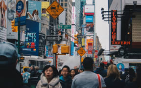 Pedestrians on New York City's 49th Street.