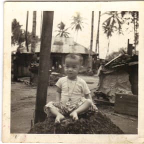 Earliest picture of Alan taken in village, Kampong Dollah in Kuala Lumpur. Alan is seated on the stump of a coconut tree that had fallen (usually in a storm).