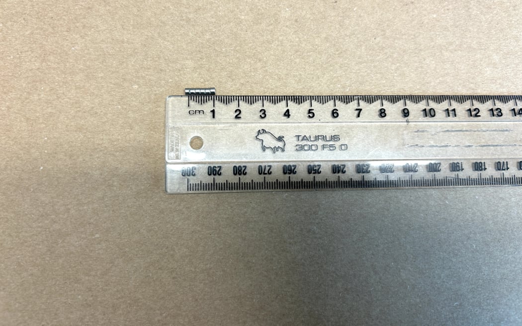 Photo of a ruler and six magnets placed on brown background.