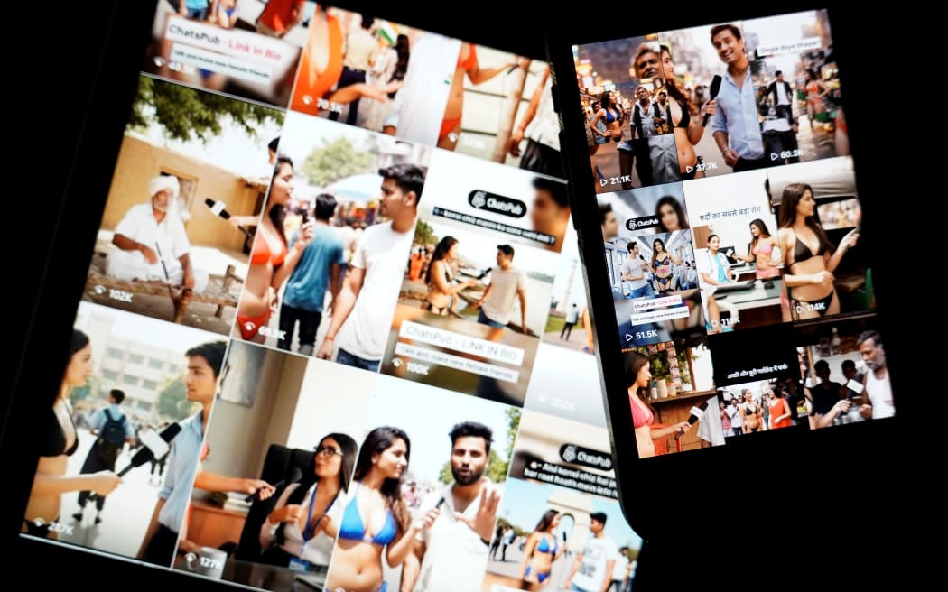 This photo illustration taken in Washington, DC, on July 14, 2025, shows images on the internet and social media of AI bikini-clad women conducting street interviews. The videos are strikingly lifelike, featuring bikini-clad women conducting street interviews and eliciting lewd comments from onlookers -- but they are entirely fake, generated by AI tools increasingly used to flood the internet with sexist content. (Photo by AFP)