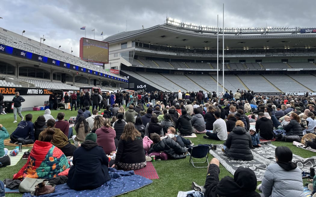 Rugby fans gather at Eden Park in Auckland to watch the 2023 Rugby World Cup final between the All Blacks and the Springboks at Stade de France.