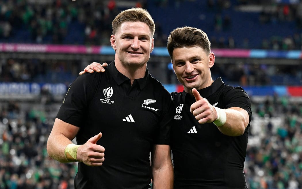 Brothers Jordie Barrett and Beauden Barrett after winning the Rugby World Cup France 2023, Ireland v New Zealand All Blacks Quarter Final match at Stade de France, Saint-Denis, France on Saturday 14 October 2023. Photo credit: Andrew Cornaga / www.photosport.nz