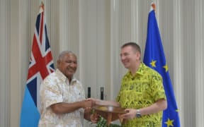 Fiji's prime minister Frank Bainimarama and Latvia's minister of foreign affairs, Edgars Rinkevics.