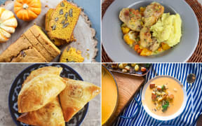 (from top left, clockwise) Pumpkin and pecan loaf, country chicken casserole, pumpkin soup with crunch halloumi gnocchi, and Uzbek samsa.