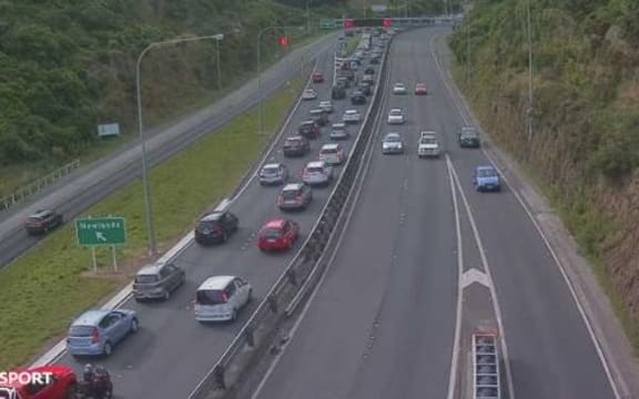 Traffic buildup in the south bound lane n State Highway 1 near Johnsonville. Photo taken at 8.35am 24 Jan 2019.