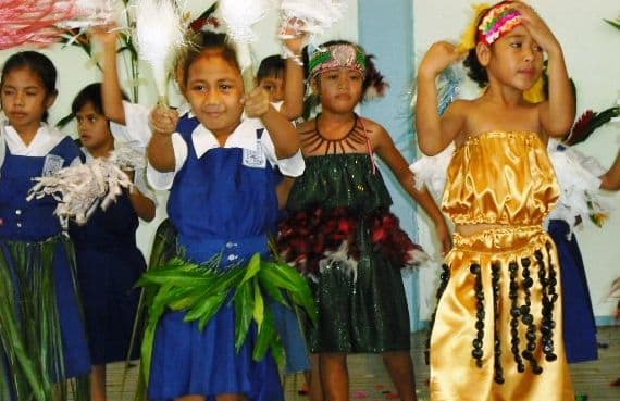 Students at a mission school in Samoa dancing