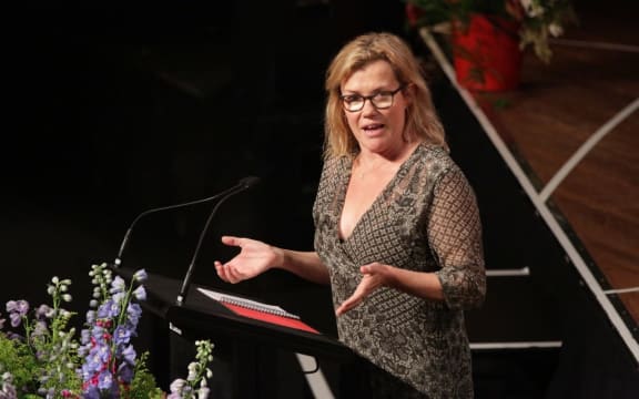 Actress Robyn Malcolm speaks the Helen Kelly memorial service.