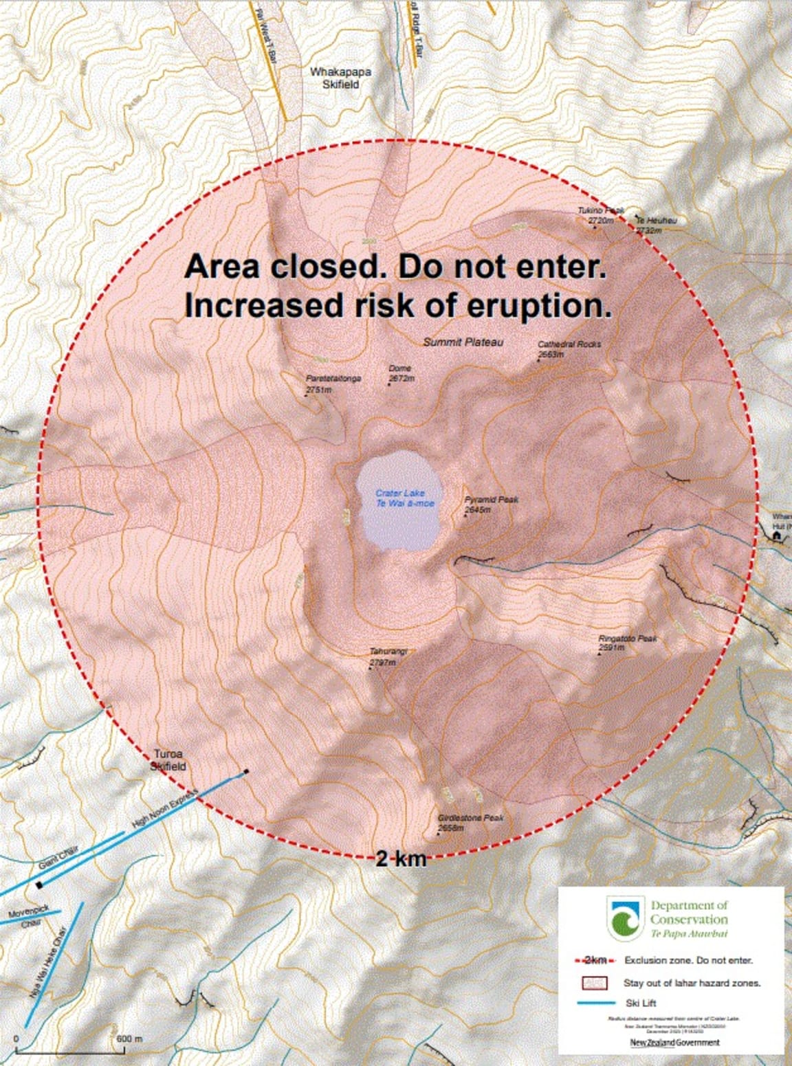 The Department of Conservation has closed an area 2km around the crater lake.
