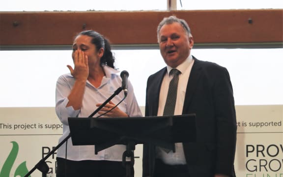 Former world champion Black Fern Cheryl Waaka wipes away a tear of joy in July 2020 as Regional Development Minister Shane Jones announces a $6.25m grant for Kaikohe’s indoor stadium.