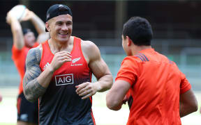 Sonny Bill Williams shadow sparring with Anton Lienert Brown at Newlands Stadium, Cape Town,on Friday.