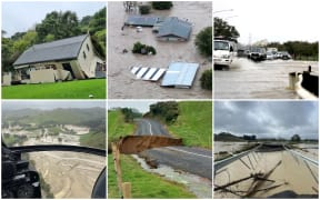 House in Muriwai, Auckland, hit by a slip; Fernhill, west of Hastings; Roads in Kumeu; Bridge near Wairoa; Manukau Heads Rd, Awhitu Peninsula; Waipaoa River, near Gisborne.