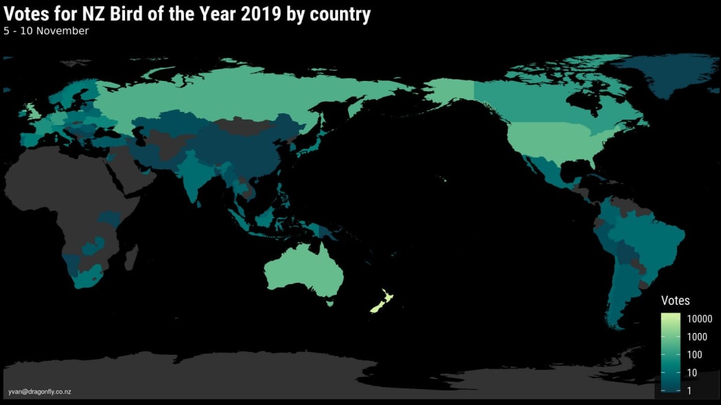 A global map showing where the Bird of the Year votes came from.