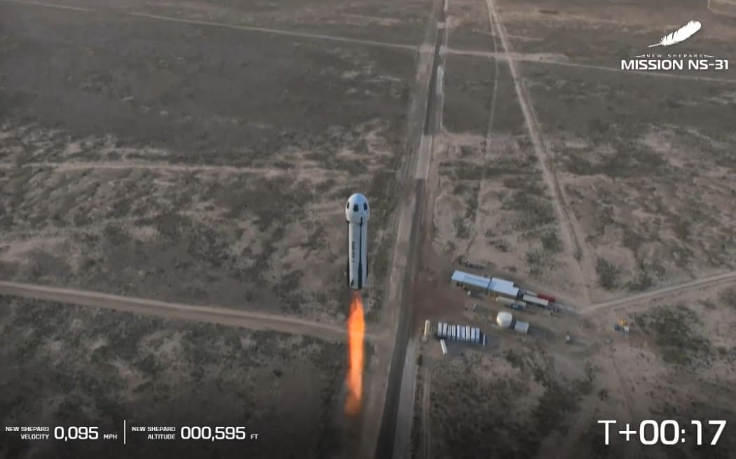 This screen grab taken from a Blue Origin broadcast shows Blue Origin New Shepard's flight NS-31 lift off from Launch Site One in Van Horn, West Texas, April 14, 2025. The all-female crew consists of former NASA scientist Aisha Bowe, bioastronautics scientist Amanda Nguyen, US journalist Gayle King, US singer Katy Perry, community filmmaker Kerianne Flynn ang Jeff Bezos' fiance author Lauren Sanchez. (Photo by Handout / BLUE ORIGIN / AFP) / RESTRICTED TO EDITORIAL USE - MANDATORY CREDIT "AFP PHOTO / HANDOUT / BLUE ORIGIN " - NO MARKETING NO ADVERTISING CAMPAIGNS - DISTRIBUTED AS A SERVICE TO CLIENTS