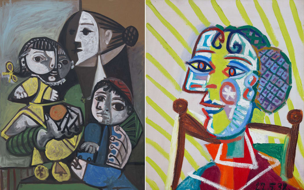 Pablo Picasso, Femme à la résille (Woman in a hairnet), 1938, and Mère aux enfants à l'orange (Mother and children with an orange), 1951, Auckland Art Gallery Toi o Tāmaki, gift of Julian and Josie Robertson through the Auckland Art Gallery Foundation, 2023.