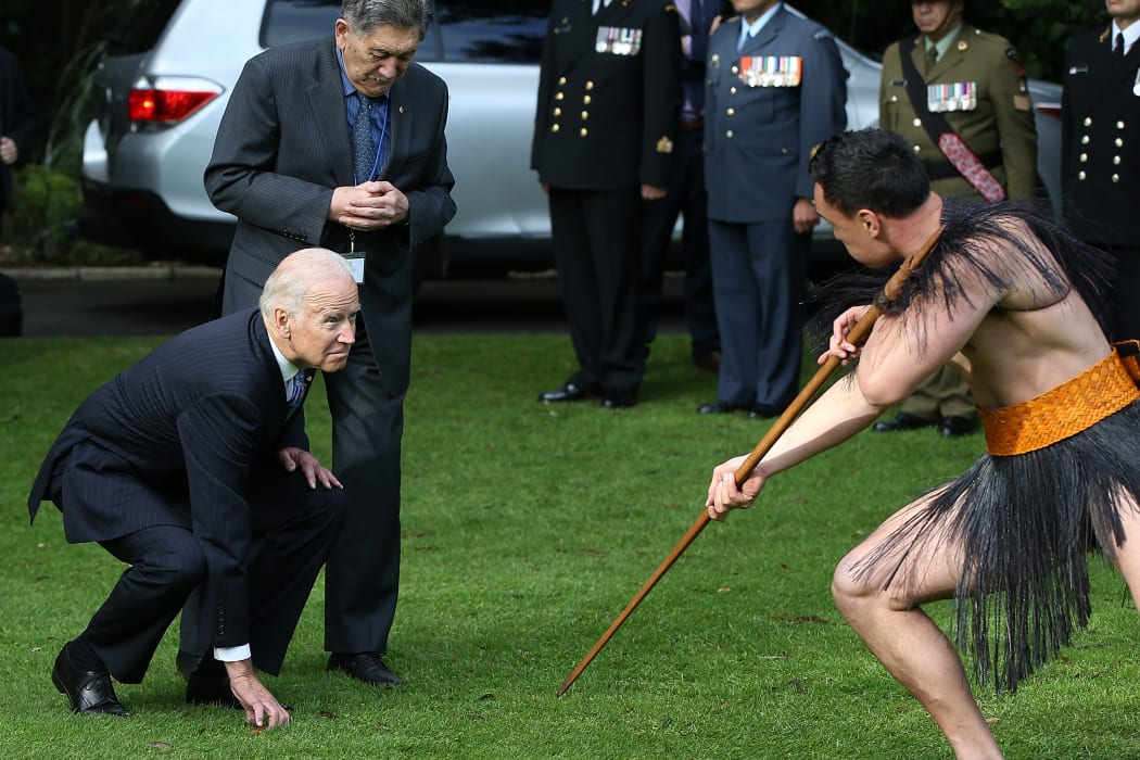 Then Vice-President Joe Biden (L) with Kaumatua Lewis Moeau (R) experiences a traditional Māori welcome at Government House on July 21, 2016 in Auckland, New Zealand.