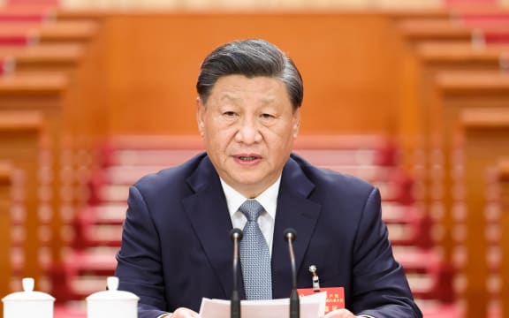 (221015) -- BEIJING, Oct. 15, 2022 (Xinhua) -- Xi Jinping presides over a preparatory meeting for the 20th National Congress of the Communist Party of China (CPC) at the Great Hall of the People in Beijing, capital of China, Oct. 15, 2022. (Xinhua/Ju Peng) (Photo by JU PENG / XINHUA / Xinhua via AFP)