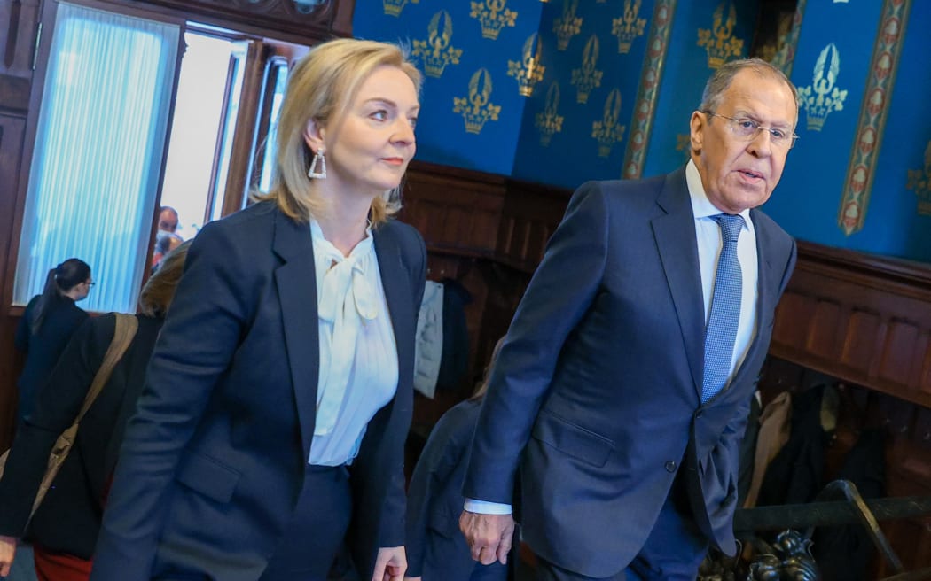 Russia Foreign Minister Sergei Lavrov with British Foreign Secretary Liz Truss before their talks in Moscow.