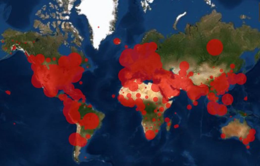 Covid-19 cases around the world as shown on the Johns Hopkins University website.