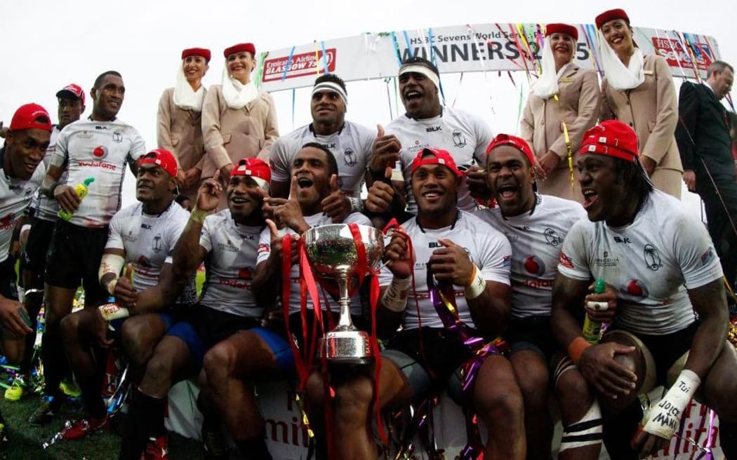 Fiji celebrate after beating New Zealand in the final of the Glasgow Sevens.