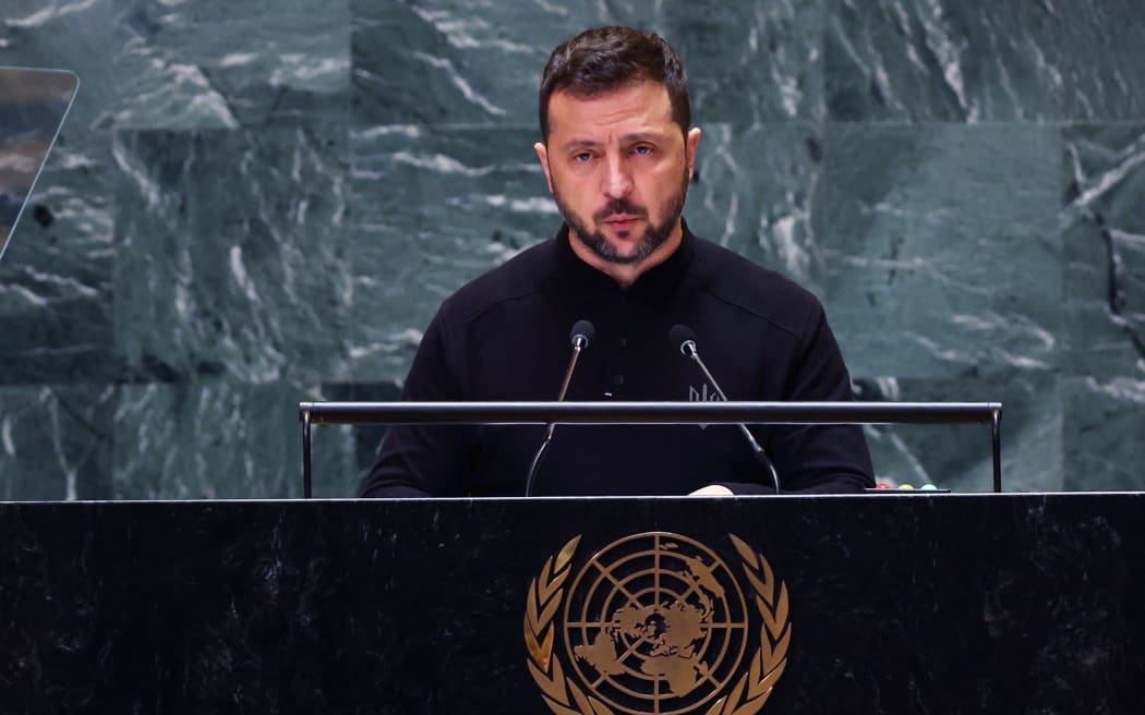 NEW YORK, NEW YORK - SEPTEMBER 25: Ukraine President Volodymyr Zelensky addresses world leaders during the United Nations General Assembly (UNGA) at the United Nations headquarters on September 25, 2024 in New York City. World leaders convened for the General Assembly as the world continues to experience major wars in Gaza, Ukraine, and Sudan along with a threat of a larger conflict in the Middle East.   Spencer Platt/Getty Images/AFP (Photo by SPENCER PLATT / GETTY IMAGES NORTH AMERICA / Getty Images via AFP)