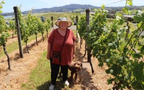 Kim Gilkison of Dancing Petrel wines in the vines on Paewhenua Island.