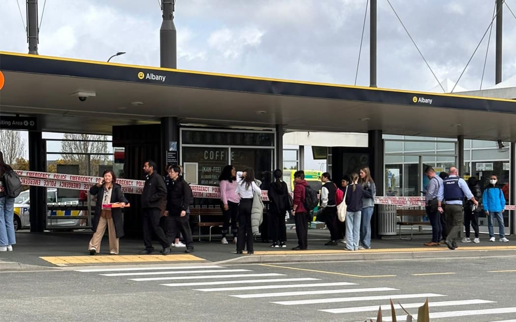 Ambulances and emergency services respond to an incident at Albany Bus Station, North Shore, Auckland on 18 September, 2023.