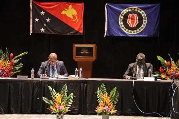 File photo: ABG President Ishmael Toroama, right, and PNG Prime Minister James Marape at the last JSB Meeting in Port Moresby in July this year.