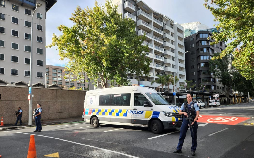 A large police presence attend an incident on Hobson St, Auckland Central
