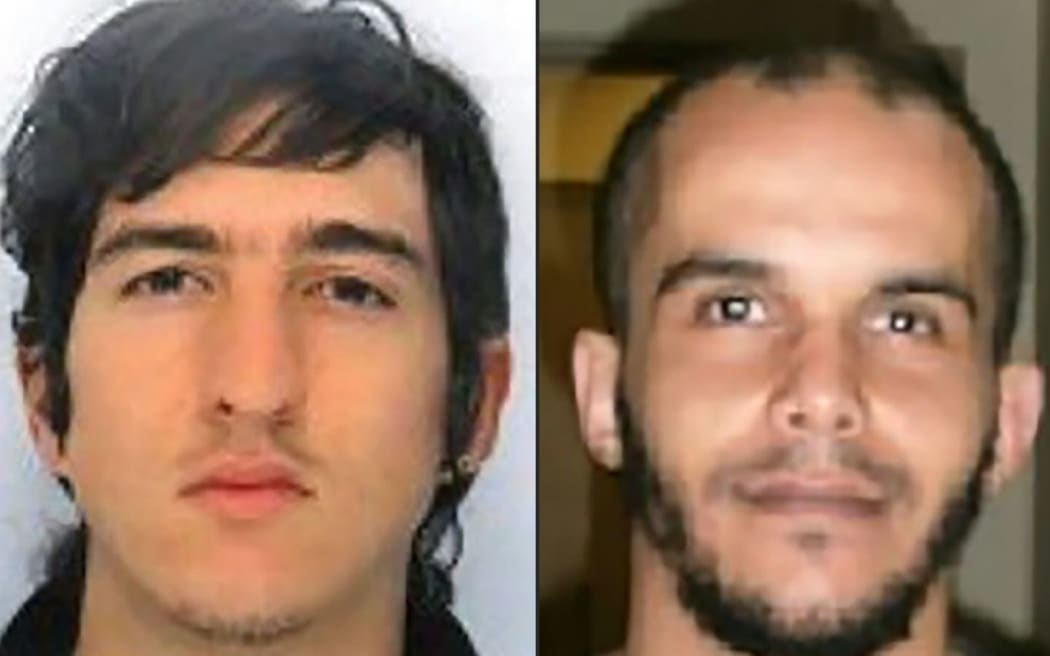 This combination of two handout pictures released by the French Police on April 18, 2017 and created on April 18, 2017 shows Clement Baur (L) and Mahiedine Merabet (R) arrested in Marseille, southern France, on April 18, 2017